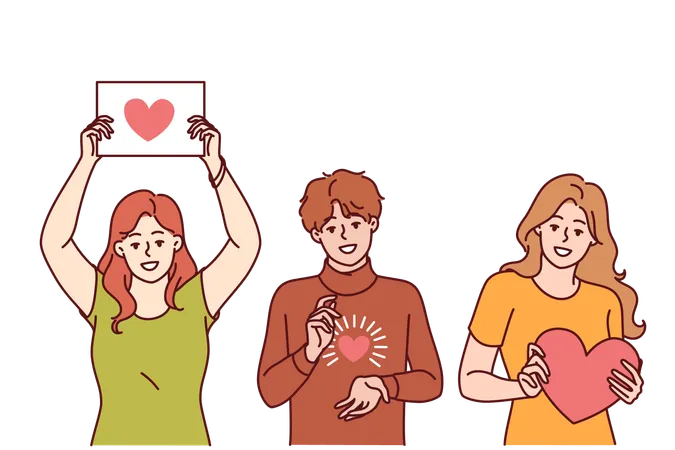 Hearts In People Hands Showing Symbol Gratitude And Charity Calling For People To Become Volunteers Guy And Two Teenage Girls Are Participating In Charity Event Or Wishing You Happy Valentine Day Illustration