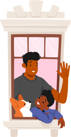 Heartwarming Scene, Father And Son Character, Their Faces Filled With Joy, Gazing Out A Window With Their Dog  Illustration