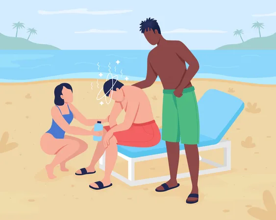 Heat Stroke At Beach Flat Color Vector Illustration Experiencing Dizziness After Body Overheating Helping Man With Heat Exhaustion 2 D Cartoon Faceless Characters With Oceanscape On Background イラスト