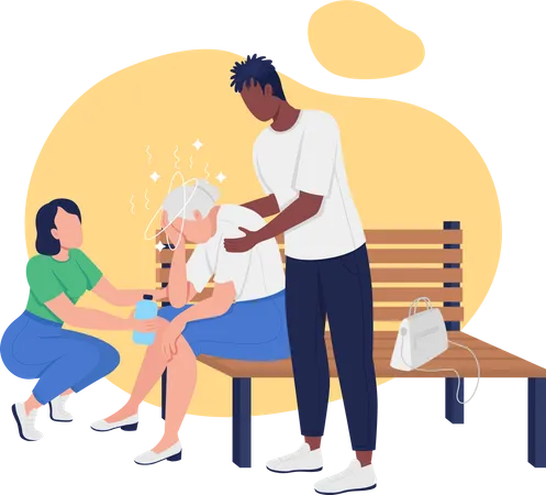 Heat Stroke In Elderly 2 D Vector Isolated Illustration Older Adult Suffering From Overheating And Dizziness Flat Characters On Cartoon Background Providing First Aid For Sunstroke Colourful Scene イラスト