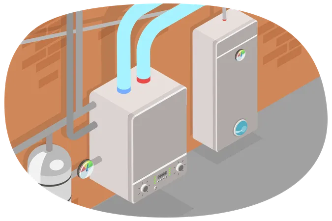 3 D Isometric Flat Vector Conceptual Illustration Of Boiler Room Heating System In A House Basement イラスト