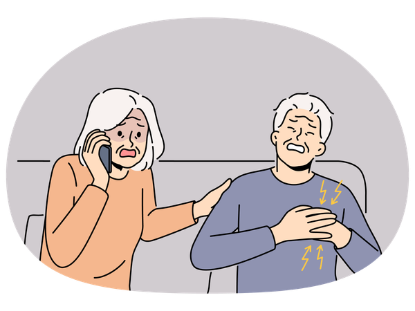 Heilige ältere Frau ruft Krankenwagen für kranken Ehemann  Illustration