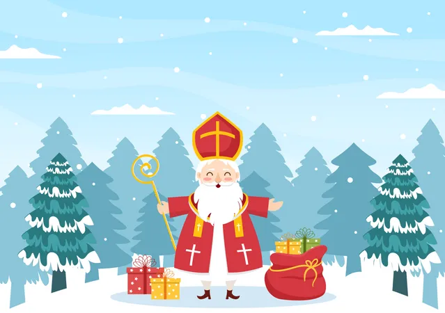 Vorlage Fur Den Nikolaustag Oder Die Sinterklaas Feier Handgezeichnete Cartoon Flachillustration Mit Geschenkbox Und Winterlichem Hintergrunddesign Illustration