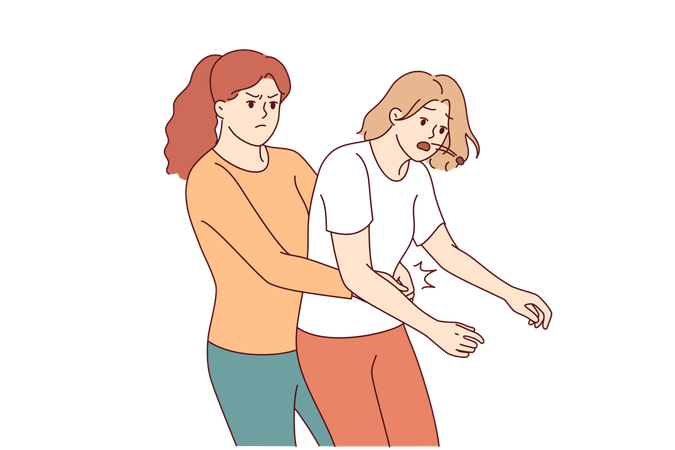 Heimlich technique is demonstrated by woman saving friend who was choking and pressing on stomach  Illustration