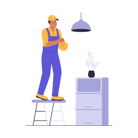 Home Repairman wechselt Glühbirne auf Leiter  Illustration