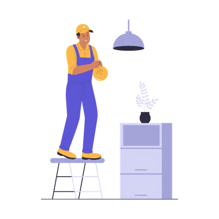 Home Repairman wechselt Glühbirne auf Leiter  Illustration