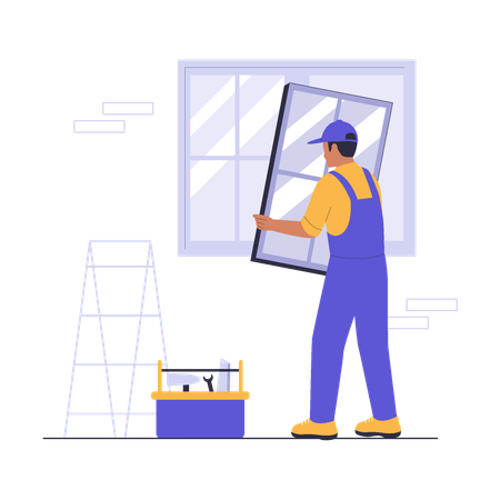 Heimwerker, der Fenster installiert  Illustration