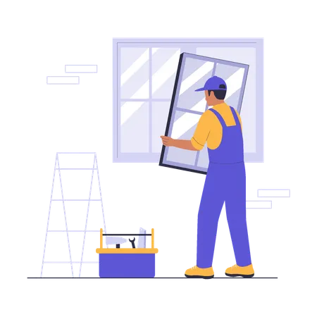 Heimwerker, der Fenster installiert  Illustration
