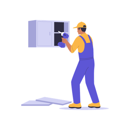 Heimwerker installiert Schrank mit Bohrmaschine  Illustration