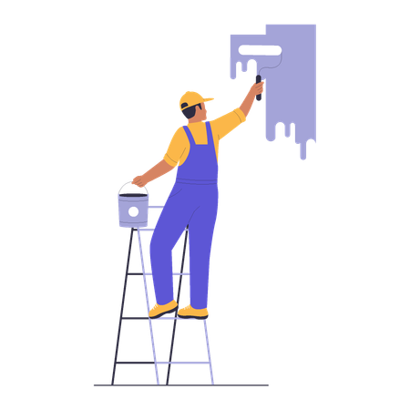 Home Repairman Malerei Wand mit Leiter  Illustration