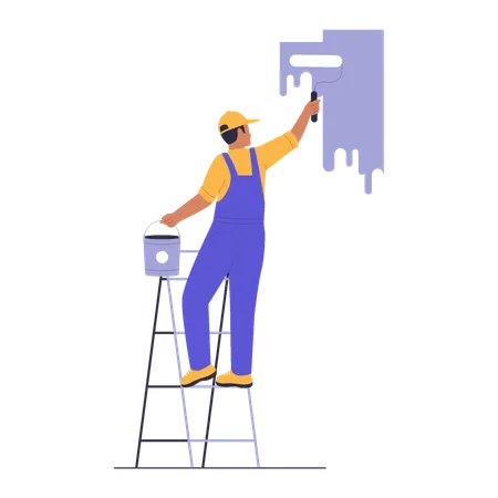 Home Repairman Malerei Wand mit Leiter  Illustration