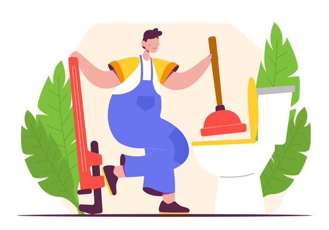 Handwerker beseitigen Verstopfung mit Saugglocke in Toilette  Illustration