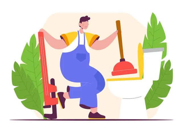 Handwerker beseitigen Verstopfung mit Saugglocke in Toilette  Illustration