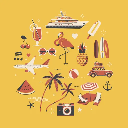 Heißer Sommer mit Dekorationsartikeln zum Thema Urlaub, Reisen und Freizeit  Illustration