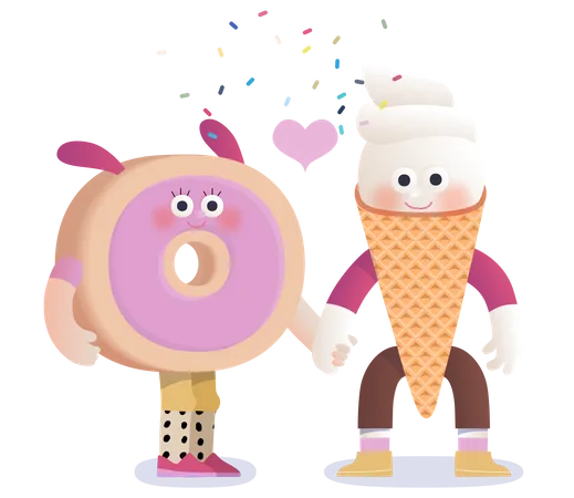 Donut y helado de gofre enamorados  Ilustración