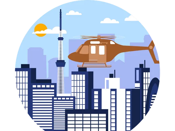 市内を飛行するヘリコプター  イラスト
