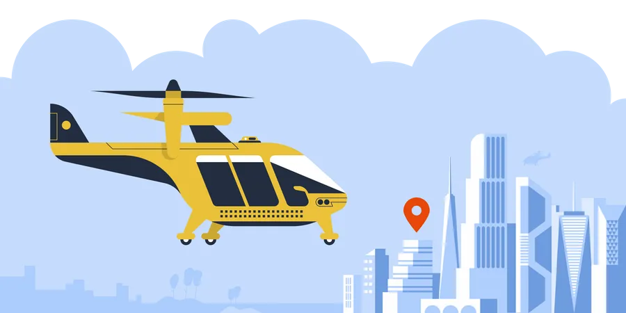 Air Taxi Drone Or Passenger Quadcopter Flying Futuristic Rotor Vehicle Modern Unmanned Electric Aircraft Or Automated Quadrotor On City Background Cartoon Colorful Vector Illustration Illustration