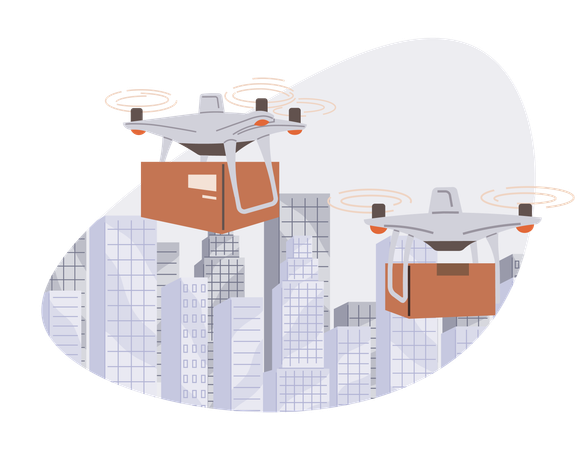 Helicopter, quadcopter for smart urban logistics. Delivery service with copter, shipping parcels  Illustration