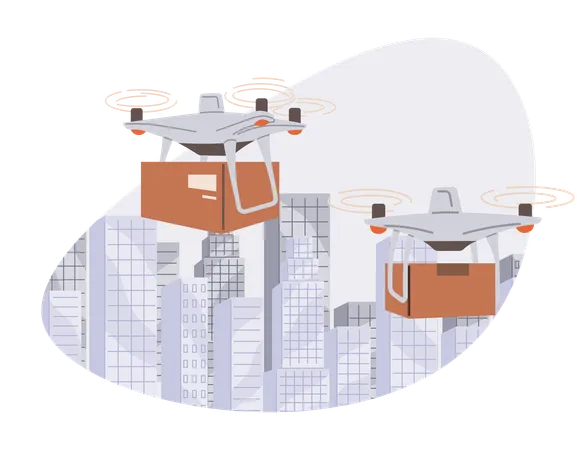 Helicopter, quadcopter for smart urban logistics. Delivery service with copter, shipping parcels  イラスト