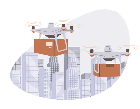 Helicopter, quadcopter for smart urban logistics. Delivery service with copter, shipping parcels  Illustration