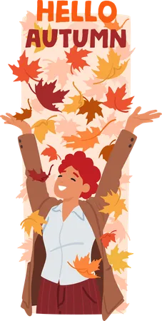 Young Woman Joyfully Tosses A Vibrant Cascade Of Autumn Leaves Into The Crisp Sunlit Air Character Creating A Breathtaking Moment Of Seasonal Beauty And Exuberance Cartoon People Vector Banner Illustration