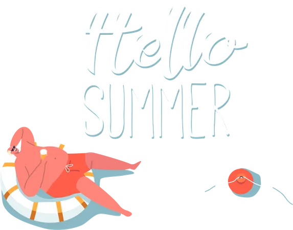 Hello Summer Banner With Happy Fat Male Character Floating On Inflatable Ring With Beer Mug Relax On Resort Or Hotel Swimming Pool Ocean Or Sea On Holidays Vacation Cartoon Vector Illustration Illustration