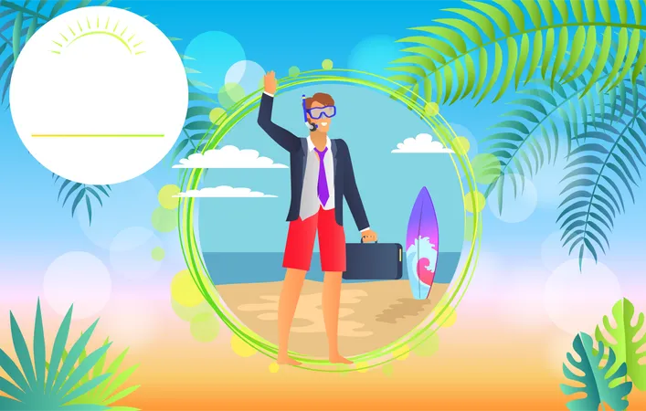 Hello Summer Businessman Happily Waves Man Wearing Suit With Suitcase And Surfboard Sea And Beach View Headline Isolated On Vector Illustration Illustration
