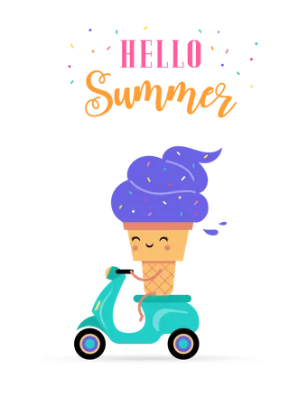 Hello Summer - Ice Cream Cone Illustration