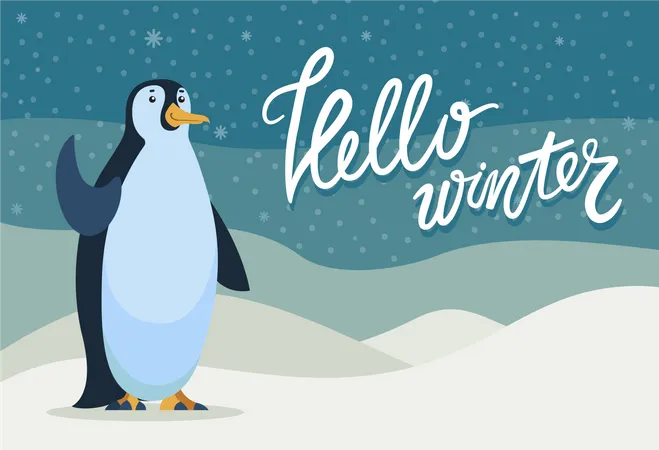 Hello Winter Greeting Card For Seasonal Holidays With Penguin Animal Waving Flippers Calligraphic Inscription And Wintry Cold Landscape With Snowing Weather Celebration And Congrats Vector 일러스트레이션