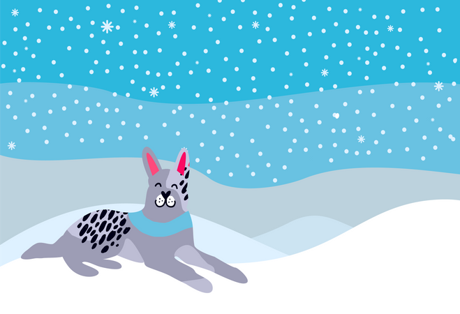 Hello Winter Poster with Spotted Grey Dog Collar  Illustration