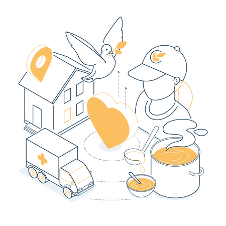 Help From A Volunteer Organization Colorful Isometric Line Illustration Composition With Dove As A Symbol Of Peace Big Heart Ambulance Pot Of Food And Girl In A Cap Charitable Foundation Idea Illustration