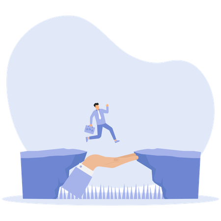 Help in overcoming difficulties Businessman crosses abyss  Illustration