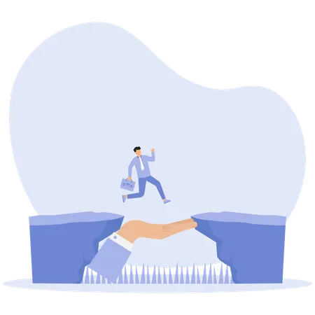 Help in overcoming difficulties Businessman crosses abyss  Illustration
