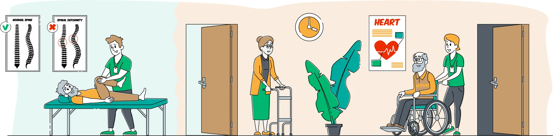 Help Old Disabled People in Nursing Home. Social Worker Community Care of Senior Characters on Wheelchair, Skilled Nurse Residential Healthcare, Physical Therapy Service. Linear Vector Illustration  Illustration
