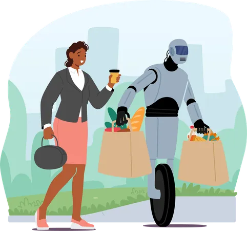 Helpful Robot With Metallic Limbs Carries Heavy Shopping Bags Assisting A Grateful Woman Its Artificial Intelligence Brings Efficiency And Support To Everyday Tasks Cartoon Vector Illustration Illustration