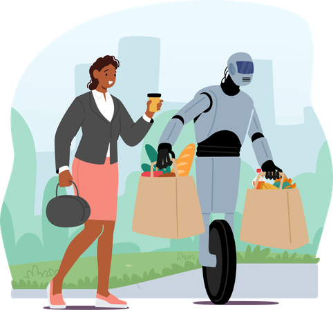 Helpful Robot Carries Heavy Shopping Bags  Illustration