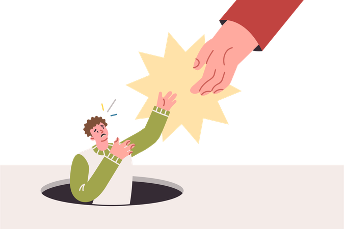 Helping hand for man who is in trouble and falls into manhole due to inattention or fatigue  Illustration