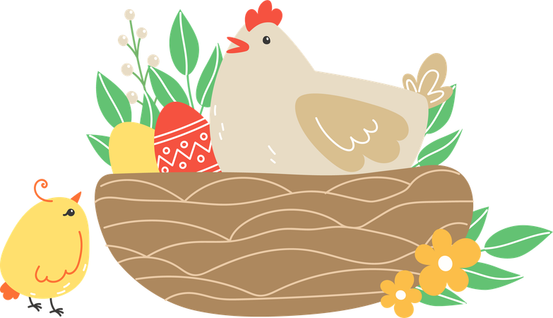Hen And Chicks And Painted Eggs In Nest For Holiday  Illustration