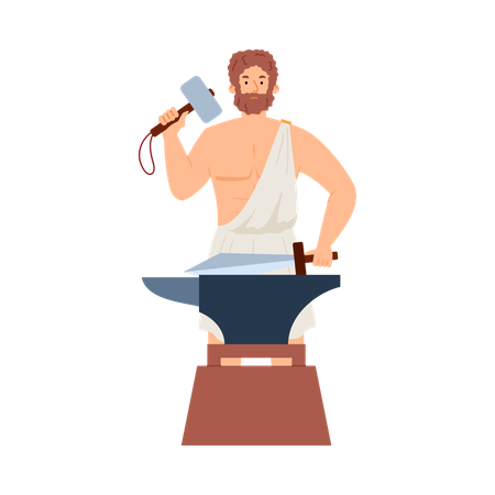 Hephaestus greek god blacksmith with hammer and sword in hands  Illustration