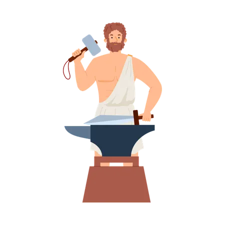 Hephaestus greek god blacksmith with hammer and sword in hands  Illustration