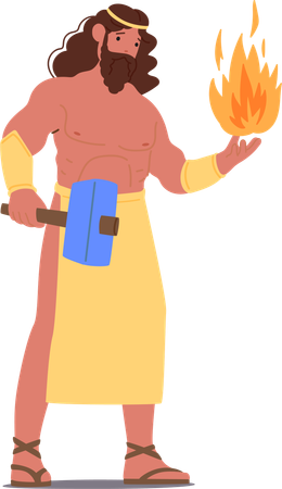 Hephaistos, ein antiker griechischer Gott, der in einer Hand das Feuer und in der anderen den Hammer hält  Illustration