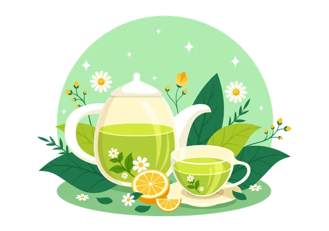 Herbal Tea Vector Illustration With Chamomile Leaves Of Health Drink Green And Mixture Of Flowers To Increase Endurance In Flat Cartoon Background イラスト