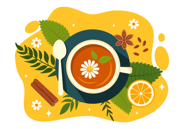 Herbal Tea Vector Illustration With Chamomile Leaves Of Health Drink Green And Mixture Of Flowers To Increase Endurance In Flat Cartoon Background イラスト