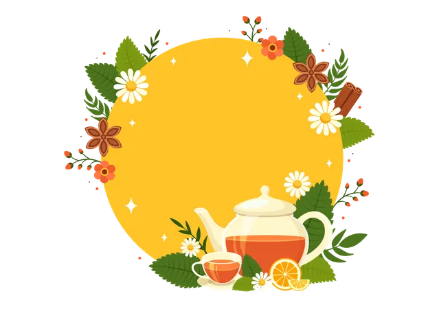 Herbal Tea Vector Illustration With Chamomile Leaves Of Health Drink Green And Mixture Of Flowers To Increase Endurance In Flat Cartoon Background 일러스트레이션