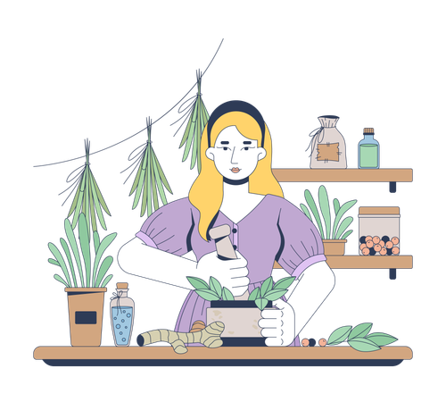 Herbalista preparando remédios naturais  Ilustração