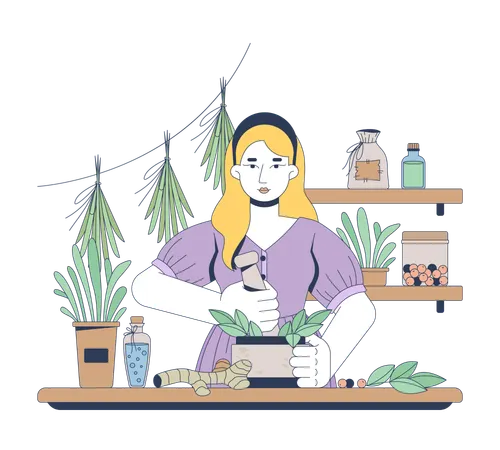 Herbalista preparando remédios naturais  Ilustração