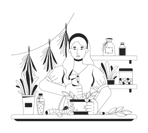 Herbalista preparando remédios naturais  Ilustração