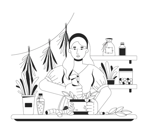 Herbalista preparando remédios naturais  Ilustração