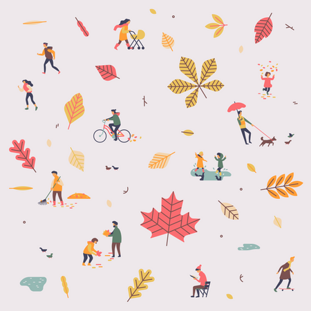 Herbst oder Herbstzeit mit fallenden Blättern und die Menschen genießen ihre Zeit im Freien  Illustration