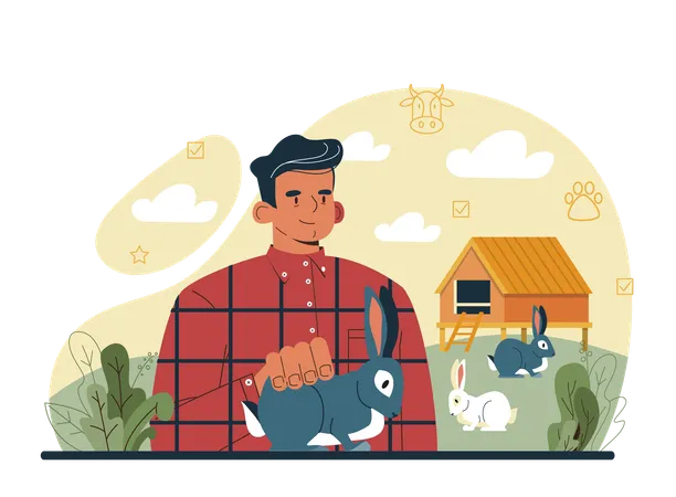 Shepherd With A Domestic Animals Herdsman Breeding And Taking Care Of Sheeps Cows Chickens And Rabbits Cattle Breeder Farm Flat Vector Illustration Illustration